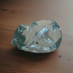 Vintage Indiana Glass Clear Glass Sleeping Cat Votive Candle Holder Paperweight
